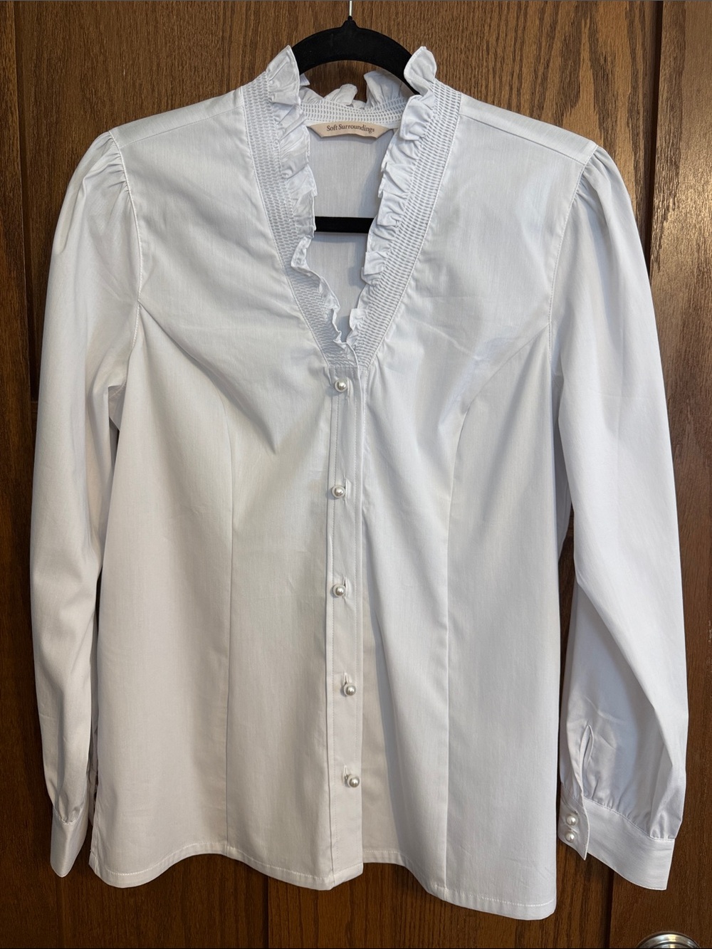 Soft Surroundings White Ruffle-Trim Button Down Shirt
